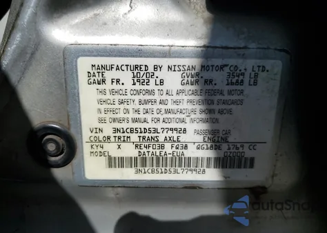 2003 Nissan Sentra Xe from USA, damaged, VIN 3N1CB51D53L779928